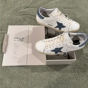 Men’s Golden Goose Super Star White Lethaer and Blue Sueded Star 41 / 8 US
